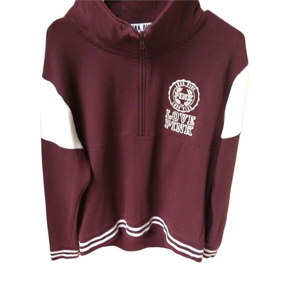 PINK VICTORIA SECRET oversized maroon & white 1/2 zip up pullover Sweatshirt - Picture 8 of 15